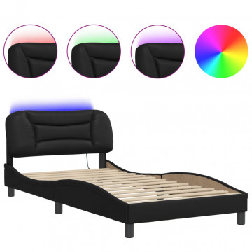 Cadru de pat cu lumini LED, negru, 100x200 cm, piele ecologică - Img 2