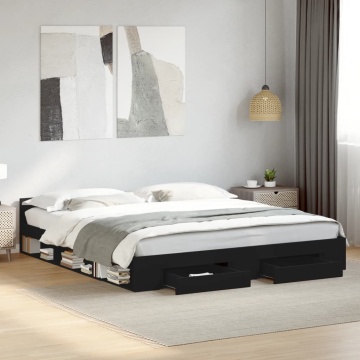 Cadru de pat cu sertare negru 200x200 cm lemn prelucrat - Img 3