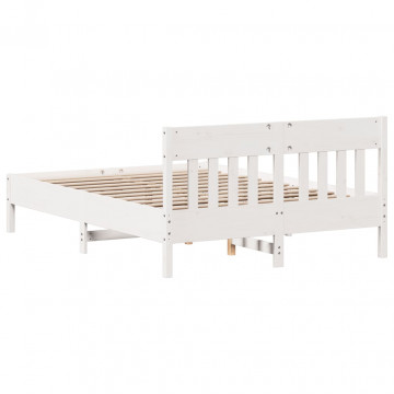 Cadru de pat cu tăblie, alb, 135x190 cm, lemn masiv de pin - Img 5