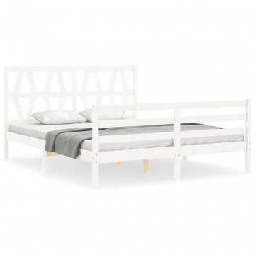 Cadru de pat cu tăblie, alb, king size, lemn masiv - Img 2