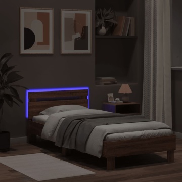 Cadru de pat cu tăblie și lumini LED, stejar maro, 75x190 cm - Img 4