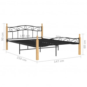 Cadru de pat, negru, 140x200 cm, metal și lemn masiv de stejar - Img 5