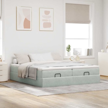 Cadru de pat otoman cu saltele Gri deschis 180x200cm catifea - Img 3