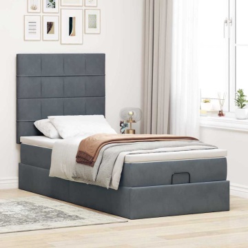 Cadru de pat otoman cu saltele Gri închis 100x200cm catifea - Img 3