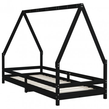 Cadru de pat pentru copii, negru, 80x200 cm, lemn masiv de pin - Img 5