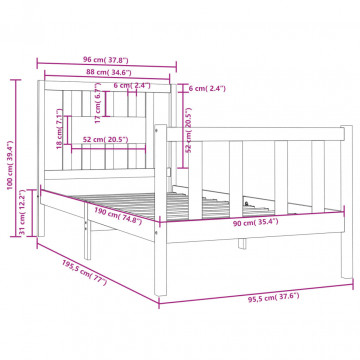 Cadru de pat single, alb, 90x190 cm, lemn masiv - Img 5