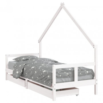 Cadru pat copii cu sertare, alb, 80x200 cm, lemn masiv de pin - Img 2