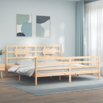 Cadru pat cu tăblie 200x200 cm, lemn masiv de pin - Img 1