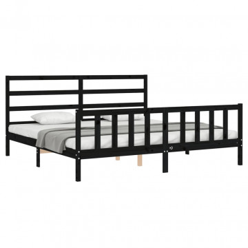 Cadru pat cu tăblie 200x200 cm, negru, lemn masiv - Img 3