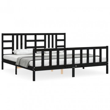 Cadru pat cu tăblie 200x200 cm, negru, lemn masiv - Img 2
