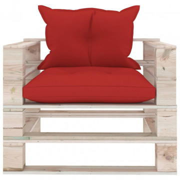 Canapea de grădină din paleți cu perne roșii, lemn de pin - Img 2
