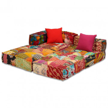 Canapea puf modulară cu 3 locuri, petice, material textil - Img 4