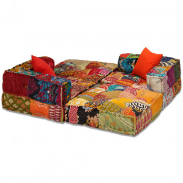 Canapea puf modulară cu 3 locuri, petice, material textil - Img 7