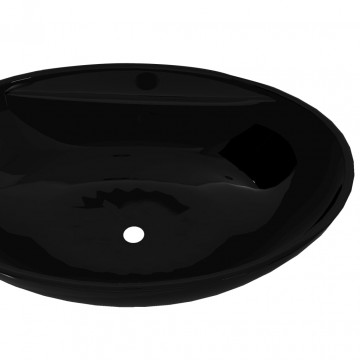 Chiuvetă baie, orificiu robinet/preaplin, negru, ceramică, oval - Img 4