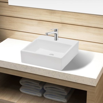 Chiuvetă de baie din ceramică cu orificiu pentru robinet, pătrat, alb - Img 1