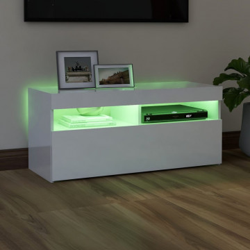 Comodă TV cu lumini LED, alb extralucios, 90x35x40 cm - Img 4