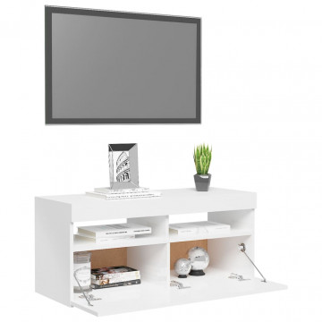 Comodă TV cu lumini LED, alb extralucios, 90x35x40 cm - Img 5