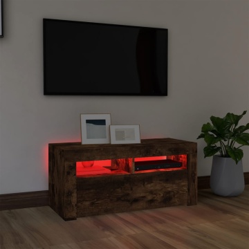 Comodă TV cu lumini LED, stejar fumuriu, 90x35x40 cm - Img 8