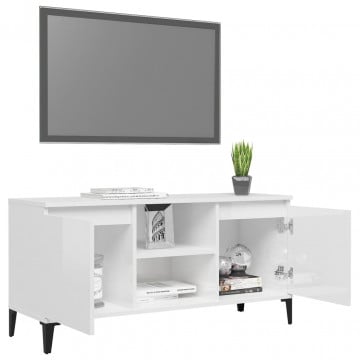 Comodă TV cu picioare metalice, alb extralucios, 103,5x35x50 cm - Img 4