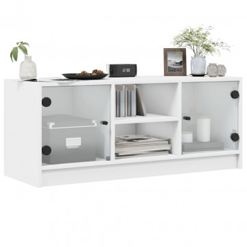 Comodă TV cu uși din sticlă, alb, 102x37x42 cm - Img 4