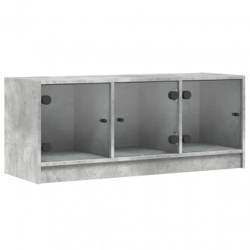 Comodă TV cu uși din sticlă, gri beton, 102x37x42 cm - Img 2