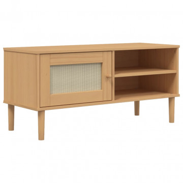 Comodă TV SENJA aspect ratan maro, 106x40x49 cm, lemn masiv pin - Img 2