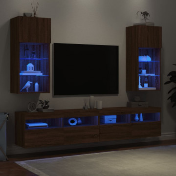 Comode TV cu lumini LED, 2 buc. stejar maro, 40,5x30x90 cm - Img 4