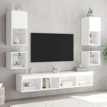Comode TV de perete cu lumini LED, 2 buc., alb, 30x28,5x30 cm - Img 8