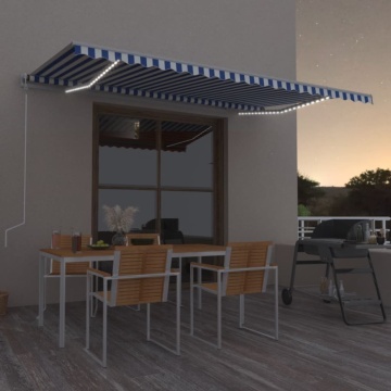 Copertină automată cu LED&senzor vânt, albastru&alb, 500x350 cm - Img 1