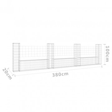 Coș gabion în formă de U cu 4 stâlpi, 380x20x100 cm, fier - Img 5