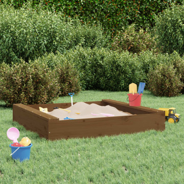 Cutie de nisip pătrată cu scaune, maro miere, lemn masiv de pin - Img 1