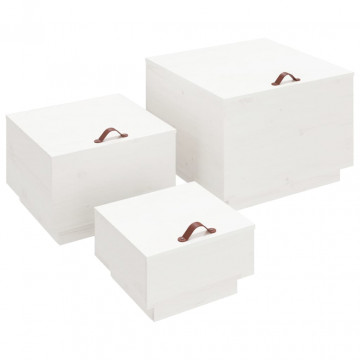 Cutii de depozitare cu capace, 3 buc., alb, lemn masiv de pin - Img 2