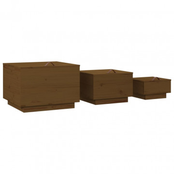 Cutii de depozitare cu capace 3 buc. maro miere lemn masiv pin - Img 8