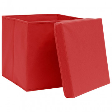 Cutii depozitare cu capace, 10 buc., roșu, 32x32x32 cm, textil - Img 3