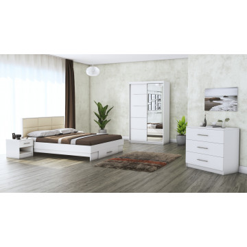 Dormitor Solano, alb, dulap 120 cm, pat cu tablie tapitata crem 160×200 cm, 2 noptiere, comoda - Img 1