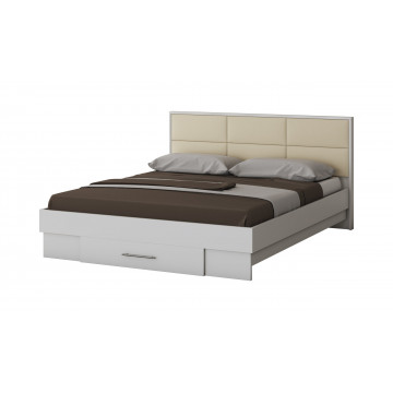 Dormitor Solano, alb, dulap 150 cm, pat cu tablie tapitata crem 140x200 cm, 2 noptiere, comoda - Img 2