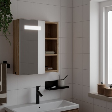 Dulap cu oglindă de baie cu LED, stejar, 45x13x52 cm - Img 1