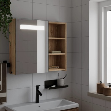 Dulap cu oglindă de baie cu LED, stejar deschis, 60x13x52 cm - Img 1