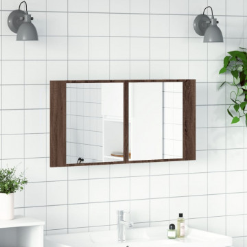 Dulap de baie cu oglindă și LED stejar maro, 90x12x45 cm, acril - Img 3
