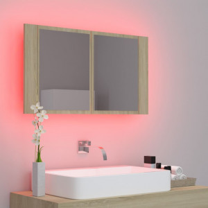Dulap de baie cu oglindă și LED, stejar Sonoma, 80x12x45 cm - Img 4