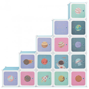 Dulap de depozitare cub pentru copii, 15 cuburi, albastru, PP - Img 3
