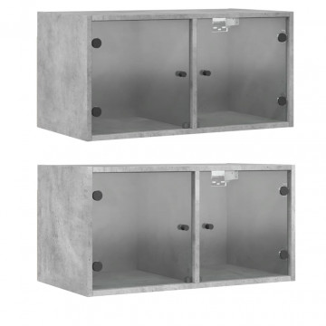 Dulapuri de perete cu uși sticlă 2 buc. gri beton 68,5x37x35 cm - Img 2