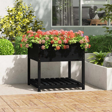 Jardinieră cu raft, negru, 82,5x82,5x81 cm, lemn masiv de pin - Img 1
