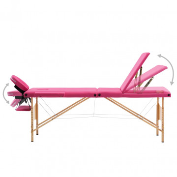 Masă de masaj pliabilă, 3 zone, roz, lemn - Img 3