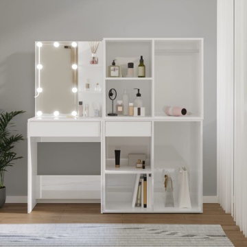 Masă toaletă cu LED/2 dulapuri, alb extralucios, lemn prelucrat - Img 1