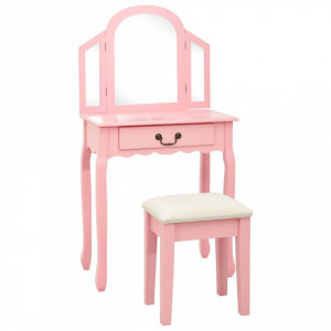 Masă toaletă cu taburet, roz, 65x36x128 cm, lemn paulownia, MDF - Img 1