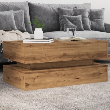 Măsuță de cafea cu lumini LED, stejar artizanal, 90x50x40 cm - Img 1