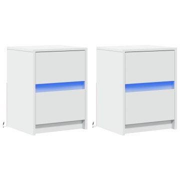 Noptiere cu lumini LED, 2 buc., alb, lemn prelucrat - Img 3