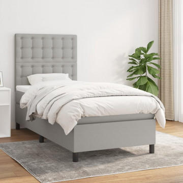 Pat box spring cu saltea, gri deschis, 100x200 cm, textil - Img 1