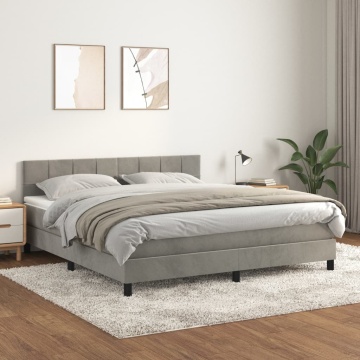 Pat box spring cu saltea, gri deschis, 180x200 cm, catifea - Img 1